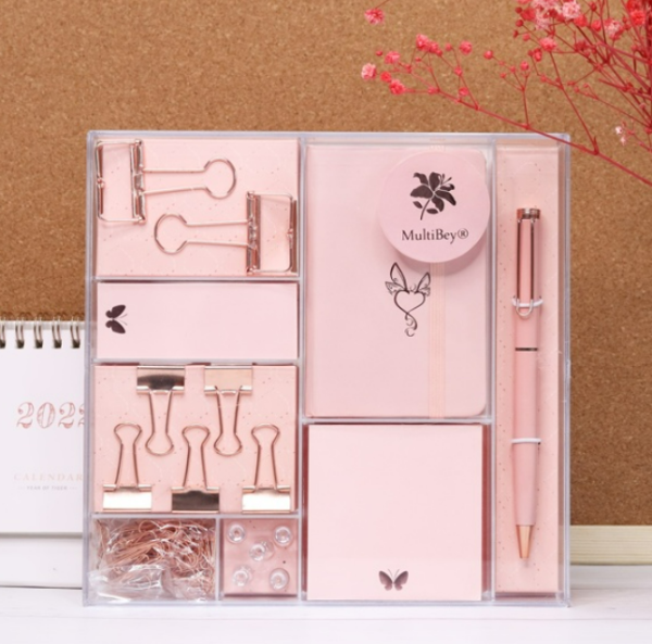 Multibey Rose Gold Student Set Gift Box, Stationery Prize Birthday Gift For Student Or Office Worker, Including 1 Metal Ballpoint Pen, 2 Different Sizes Of Pink Sticky Notes, 75pcs 28mm Rose Gold Paper Clips, 2pcs 32mm Steel Binder Clips, 5pcs 19mm Binder