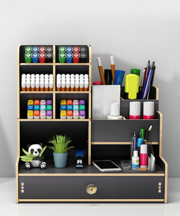 1pc Wooden Pen Holder, Simple Multi-grid Stationery Storage Box For Office, Student Stationery Storage