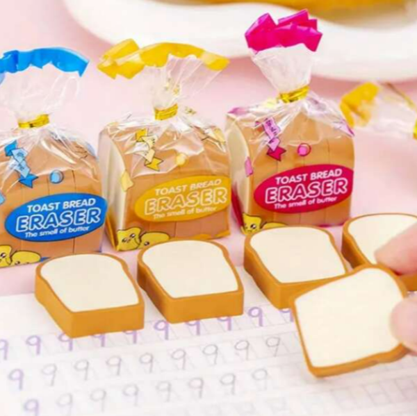 4pcs/set Random Color Creative Cartoon Bread Shaped Eraser, Personality Toast Slice Eraser - Image 3